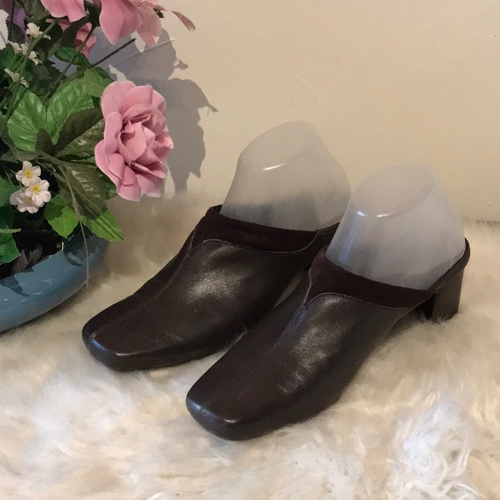 Liz Claiborne LUCY leather heeled open back slide shoes brown Size 9.5